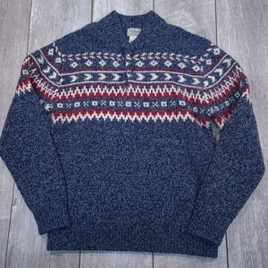 L.L. Bean Sweater Mens Medium Blue Fair Isle Lambswool Henley Mock Neck 298259
